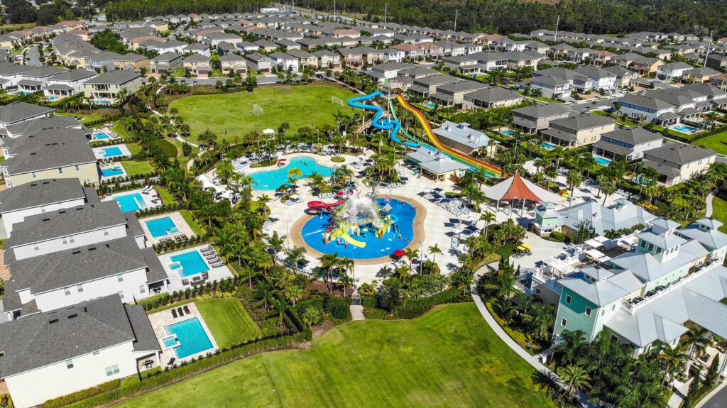 Encore Resort at Reunion homes and water park aerial view